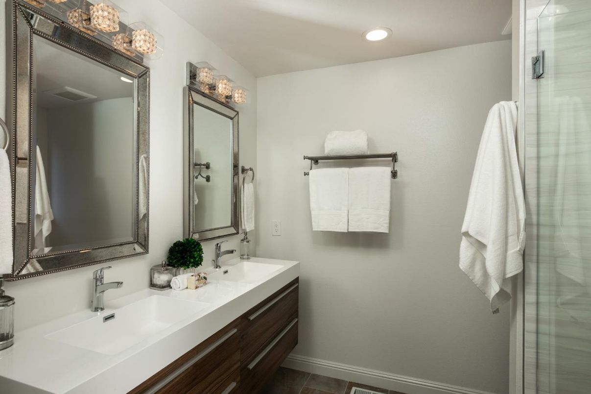 Bathroom, Dual Sink Vanities, Glass Shower, Interior, Recessed Lighting