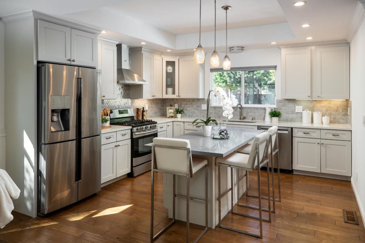 Interior, Kitchen, Pendant Lights, Recessed Lighting, Stainless Steel Appliances, Wood Texture Flooring