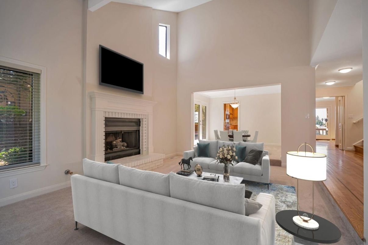 Dining room, Fireplace, Interior, Living room, Pendant Lights, Wood Texture Flooring