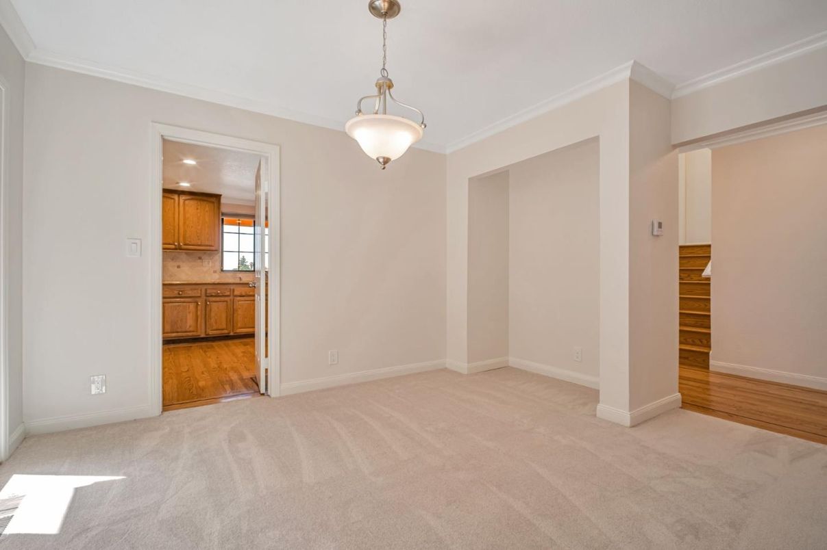 Empty room, Interior, Kitchen, Pendant Lights, Recessed Lighting, Wood Texture Flooring