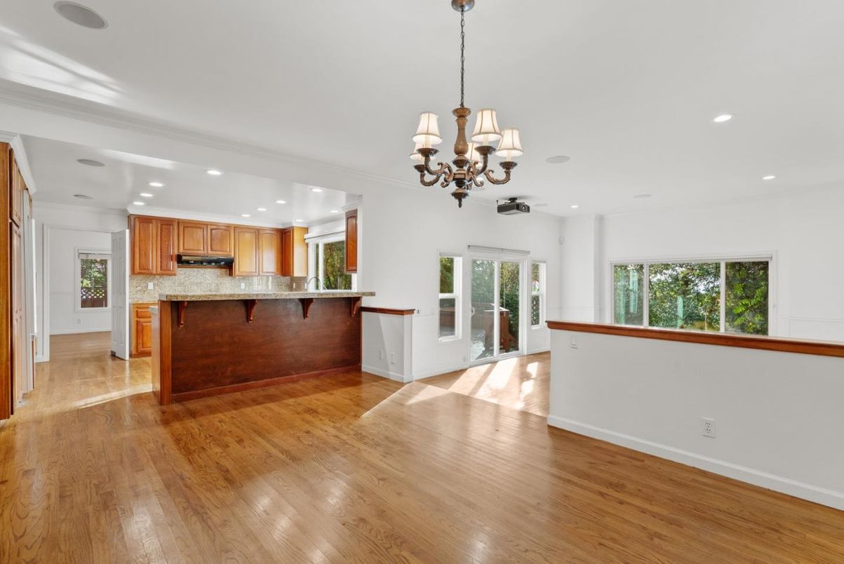 Chandelier, Interior, Kitchen, Recessed Lighting, Wood Texture Flooring