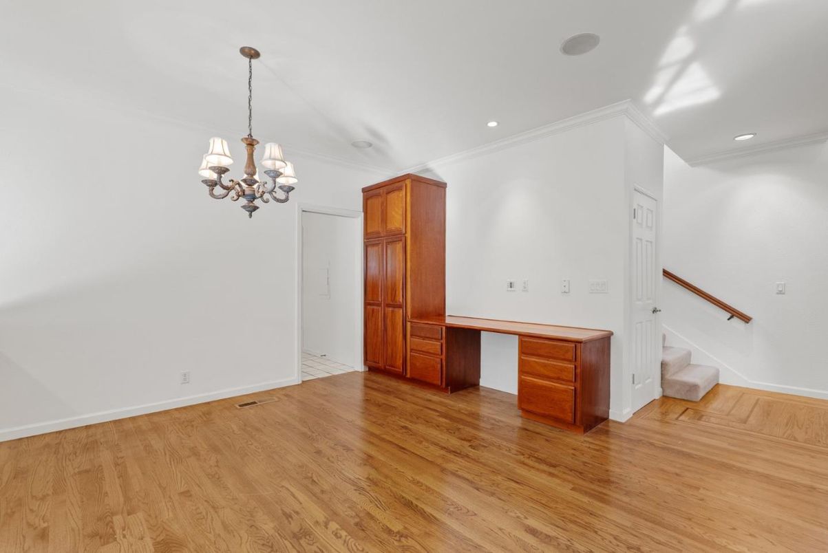 Chandelier, Empty room, Interior, Recessed Lighting, Wood Texture Flooring