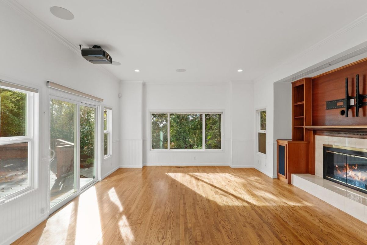 Empty room, Fireplace, Interior, Recessed Lighting, Wood Texture Flooring