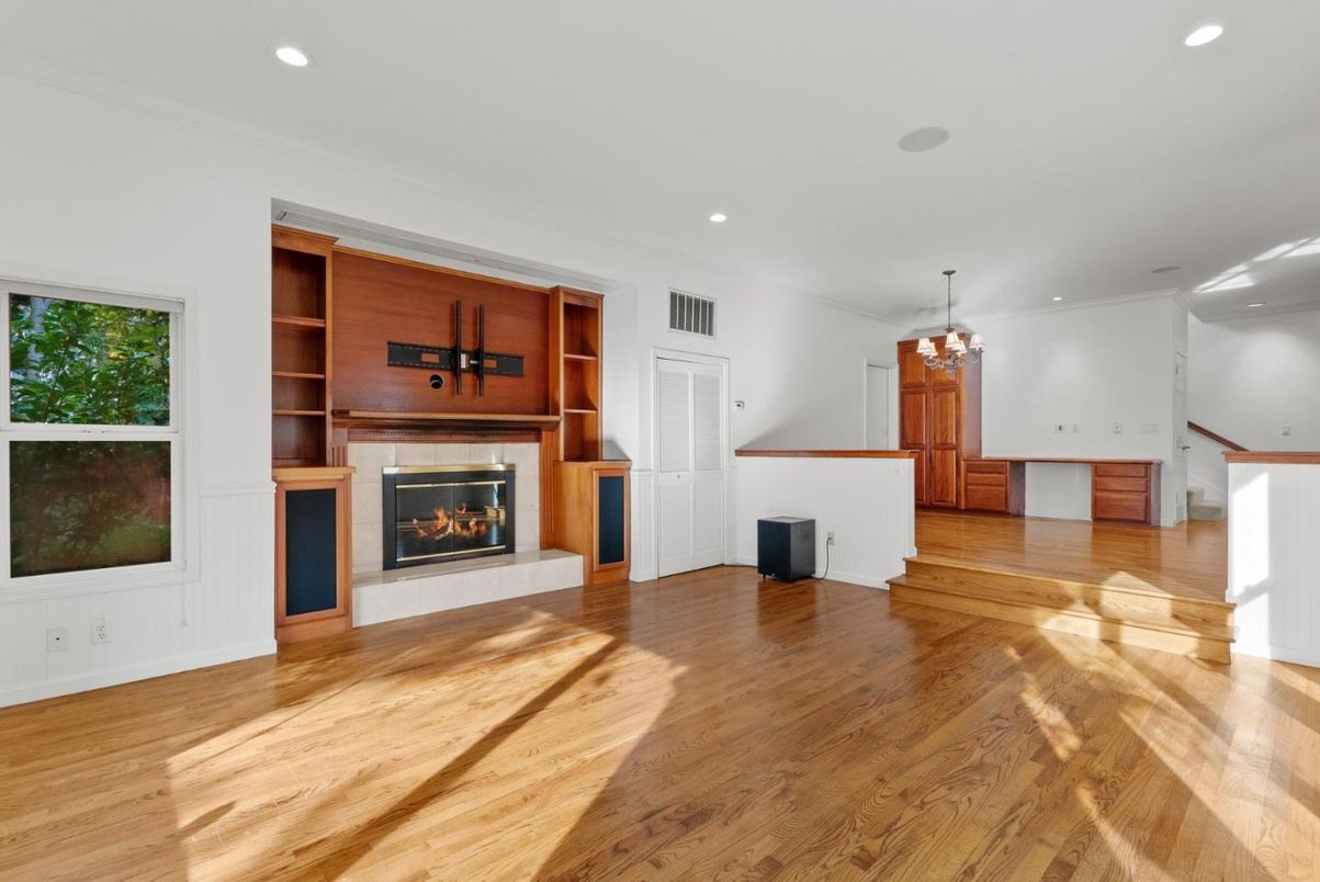 Empty room, Fireplace, Interior, Pendant Lights, Recessed Lighting, Wood Texture Flooring