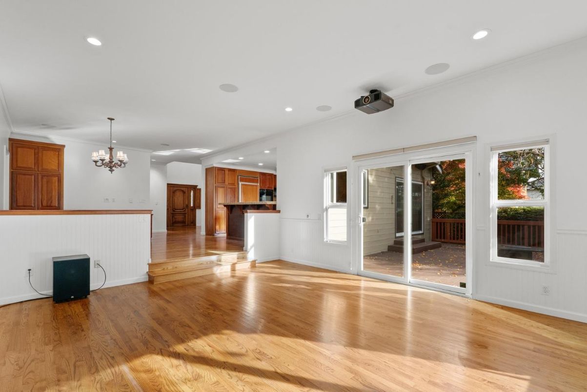 Chandelier, Empty room, Interior, Kitchen, Recessed Lighting, Wood Texture Flooring