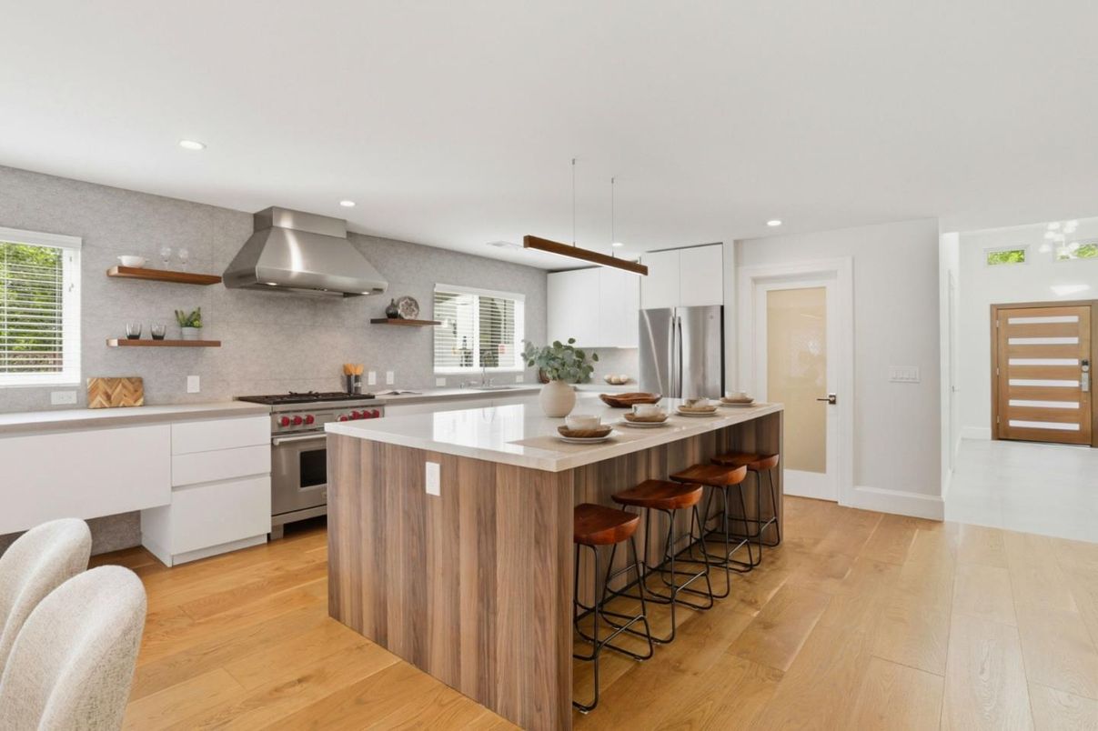 Interior, Kitchen, Pendant Lights, Recessed Lighting, Stainless Steel Appliances, Wood Texture Flooring