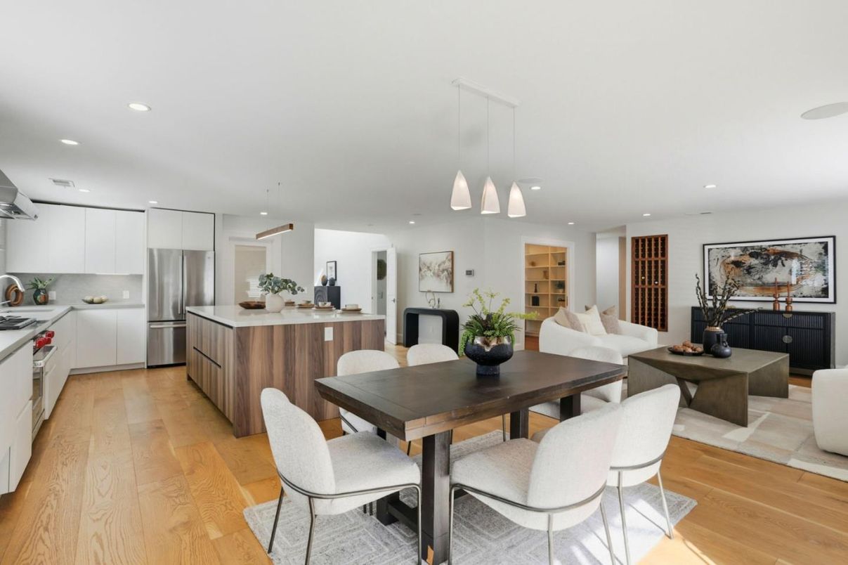 Dining room, Interior, Kitchen, Pendant Lights, Recessed Lighting, Stainless Steel Appliances, Wood Texture Flooring