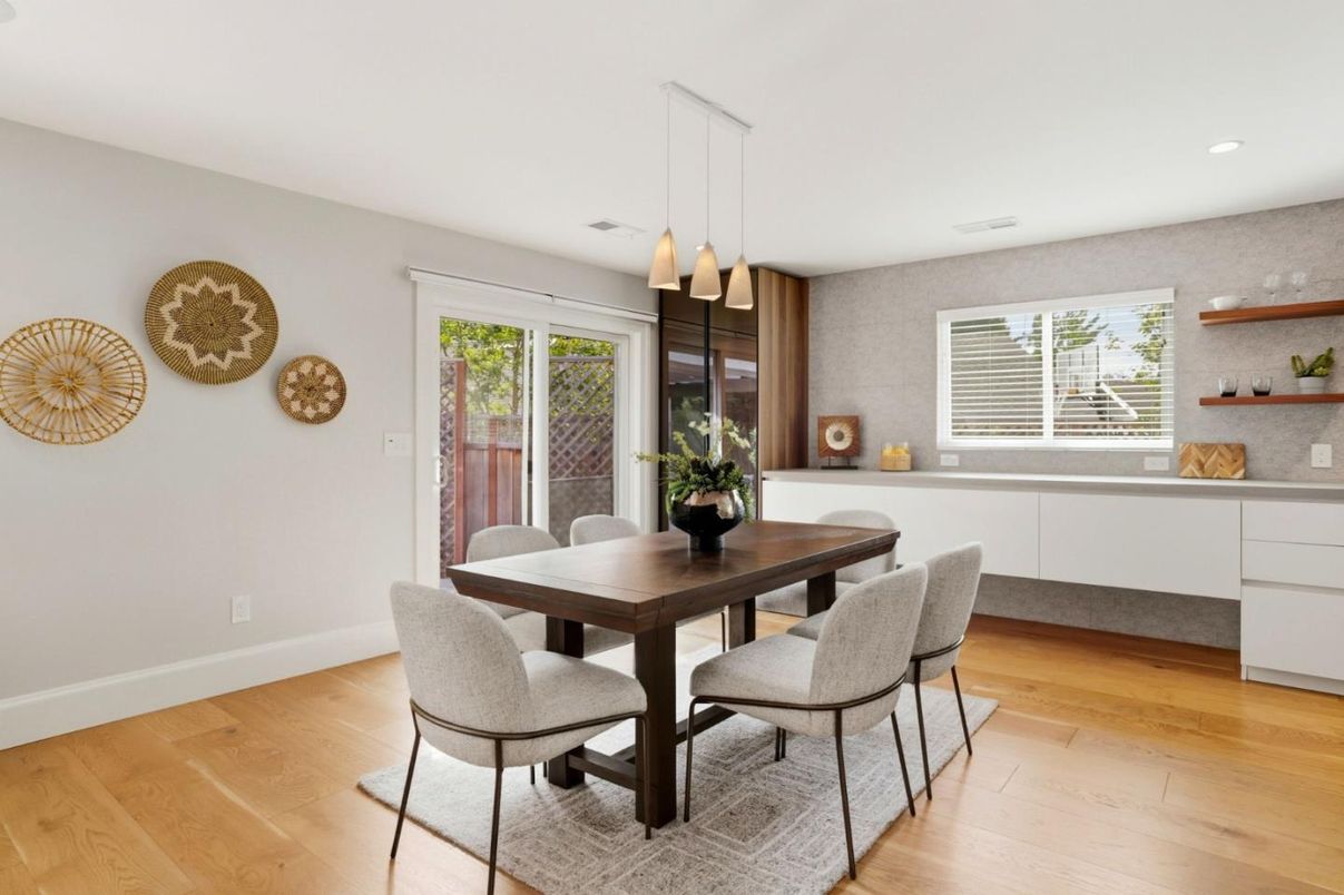 Dining room, Interior, Pendant Lights, Recessed Lighting, Wood Texture Flooring