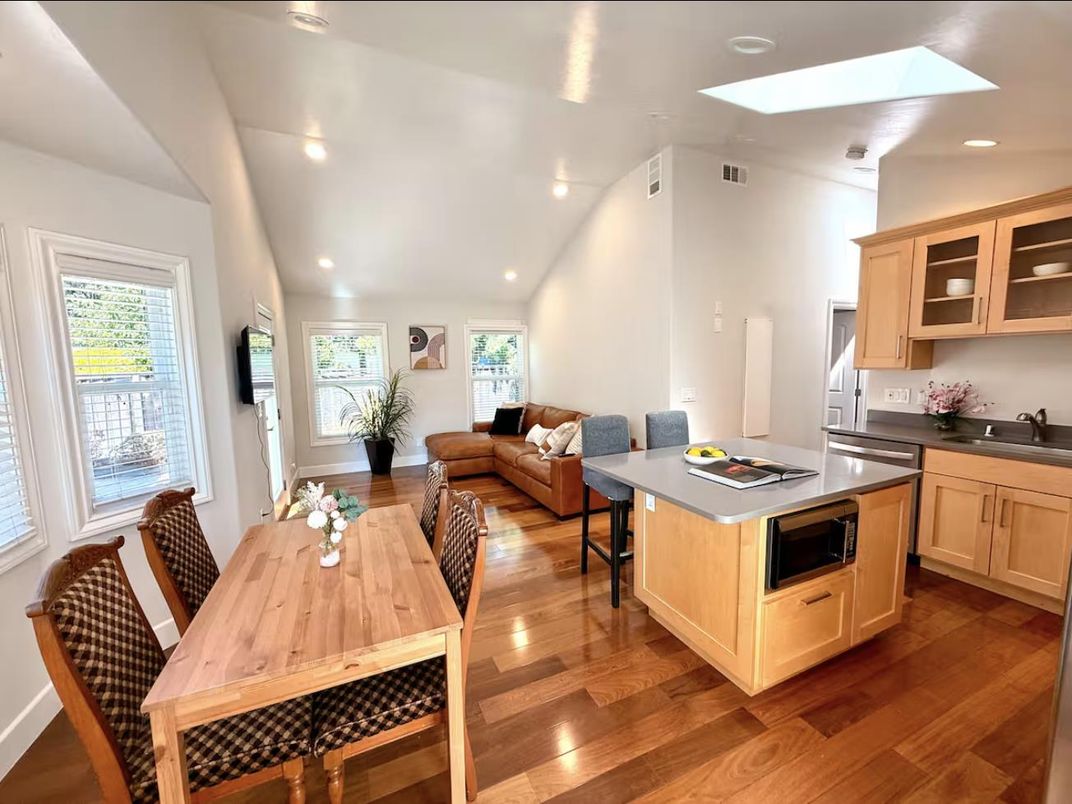 Dining room, Interior, Kitchen, Living room, Recessed Lighting, Stainless Steel Appliances, Wood Texture Flooring