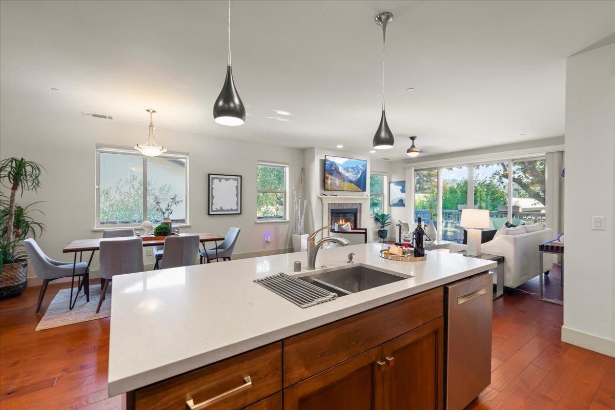 Dining room, Fireplace, Interior, Kitchen, Living room, Pendant Lights, Recessed Lighting, Wood Texture Flooring