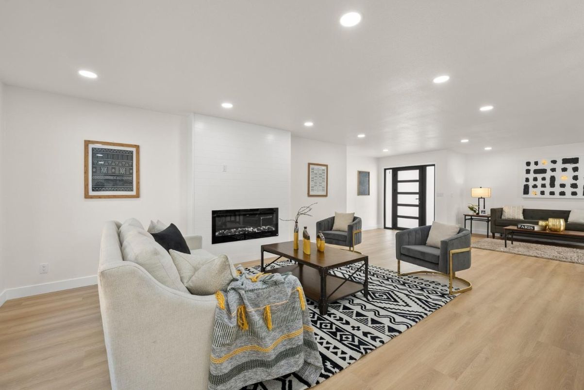 Fireplace, Interior, Living room, Recessed Lighting, Wood Texture Flooring