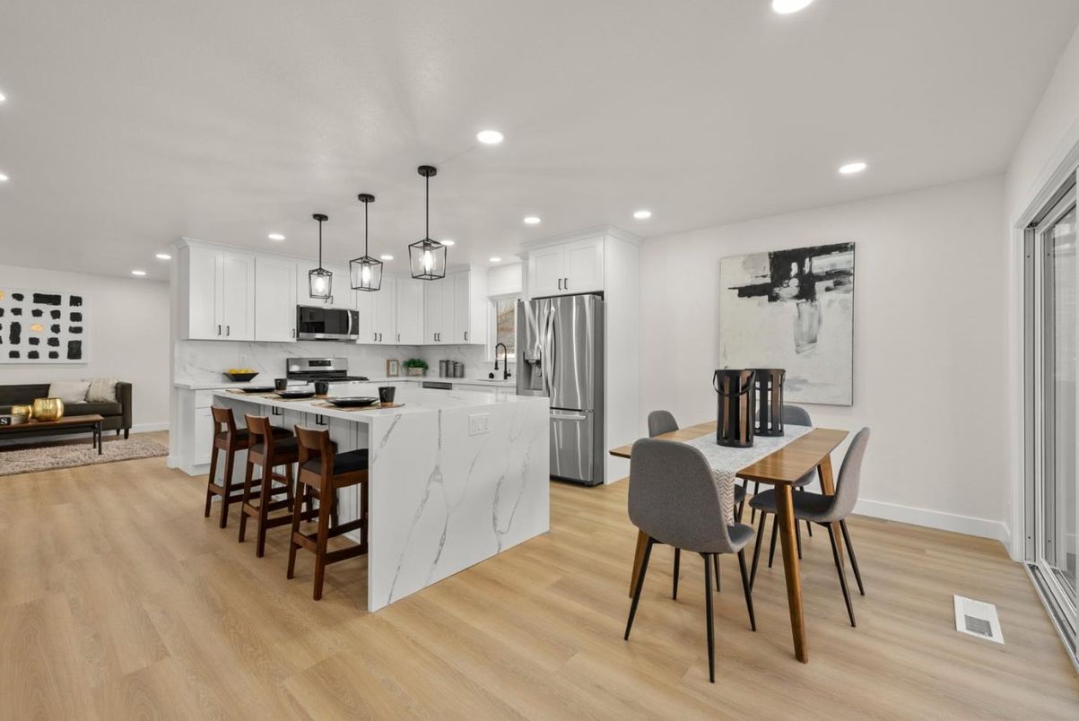Interior, Kitchen, Pendant Lights, Recessed Lighting, Stainless Steel Appliances, Wood Texture Flooring