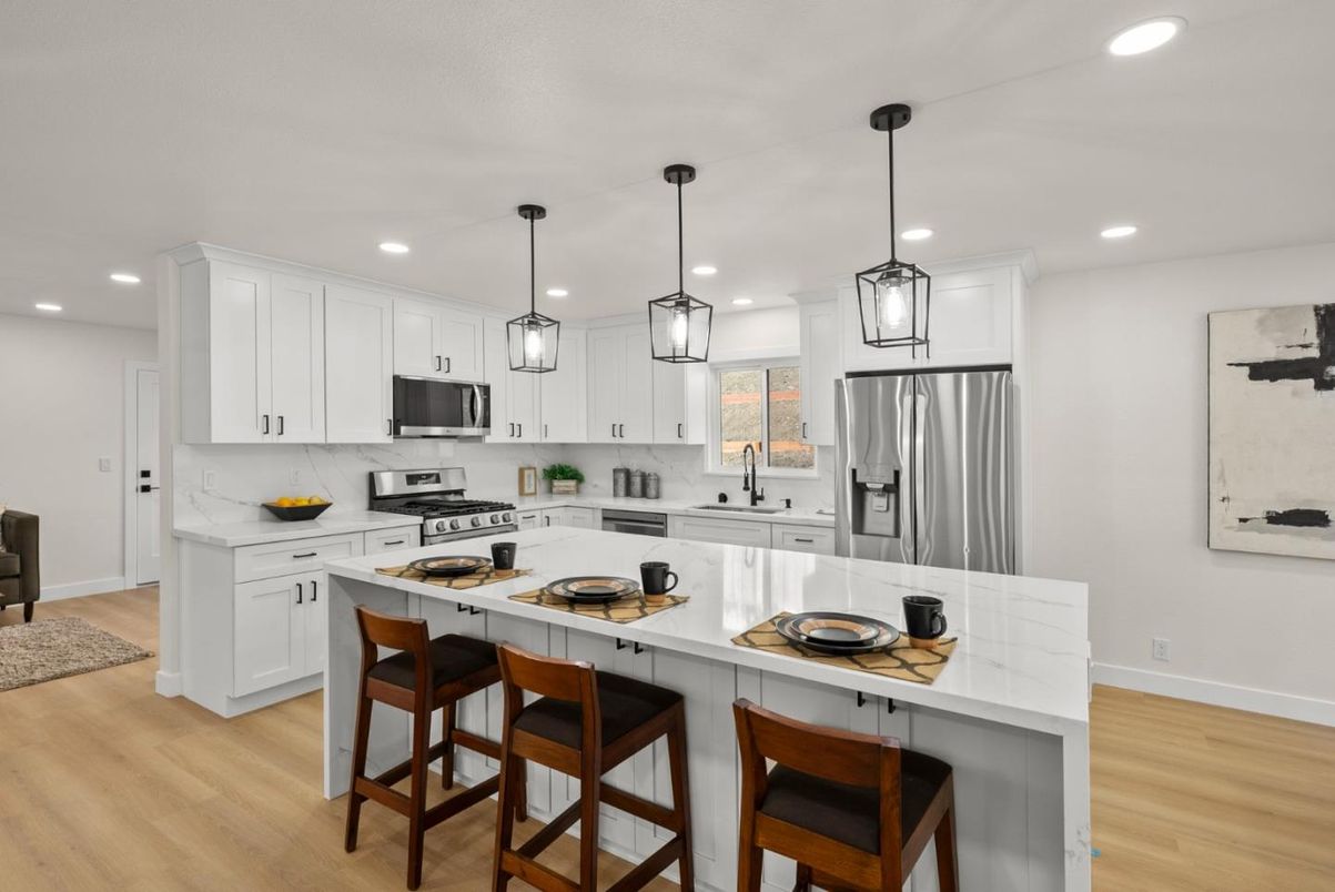 Interior, Kitchen, Pendant Lights, Recessed Lighting, Stainless Steel Appliances, Wood Texture Flooring