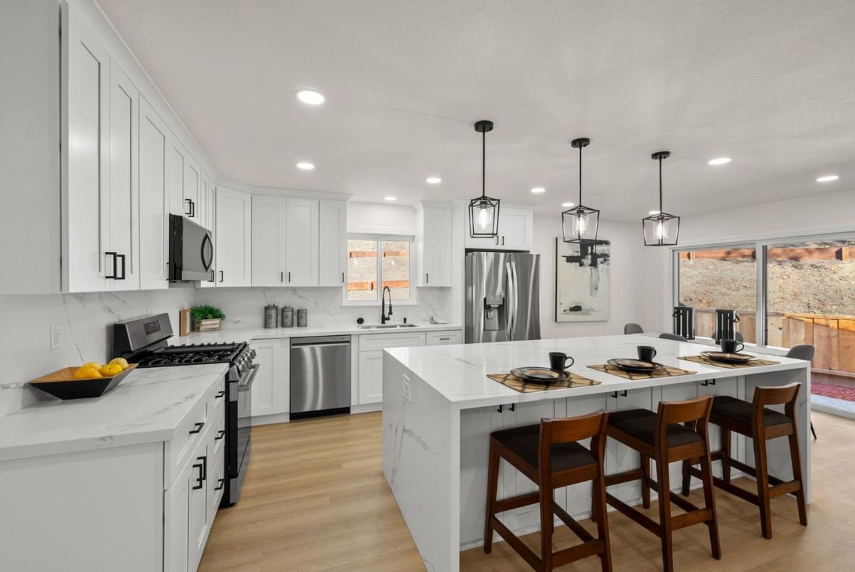 Interior, Kitchen, Pendant Lights, Recessed Lighting, Stainless Steel Appliances, Wood Texture Flooring
