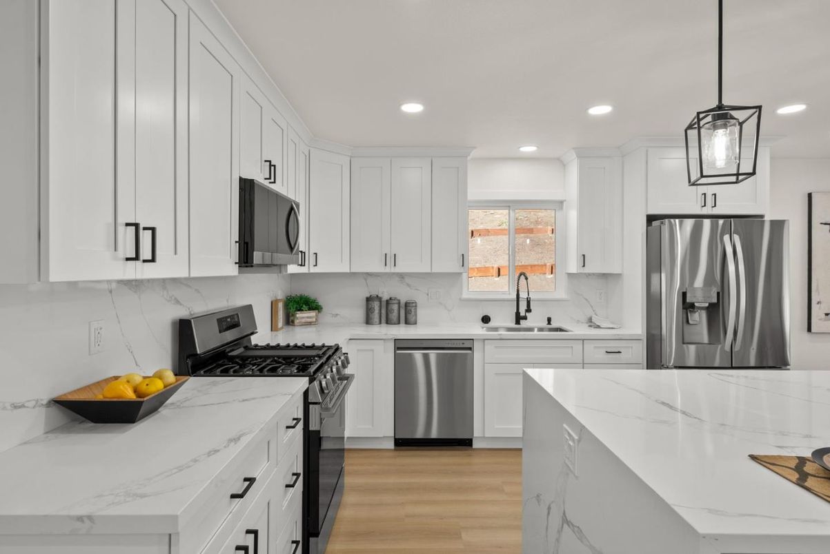 Interior, Kitchen, Pendant Lights, Recessed Lighting, Stainless Steel Appliances, Wood Texture Flooring