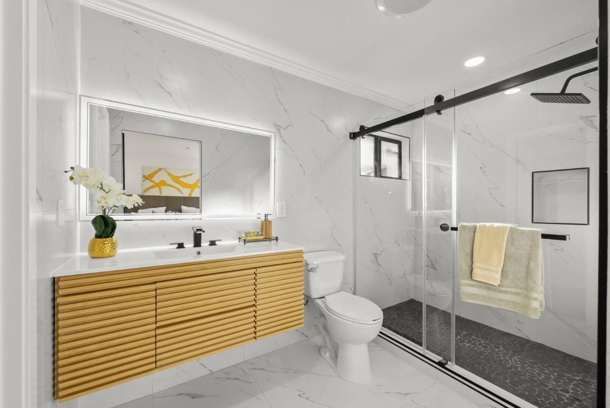 Bathroom, Glass Shower, Interior, Marble, Marble Walls, Recessed Lighting