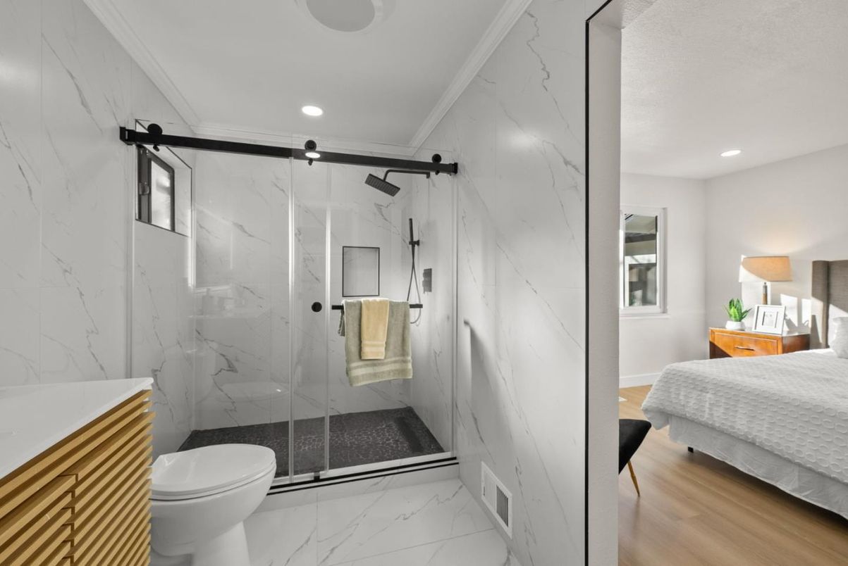 Bathroom, Bedroom, Glass Shower, Interior, Marble, Marble Walls, Recessed Lighting, Wood Texture Flooring