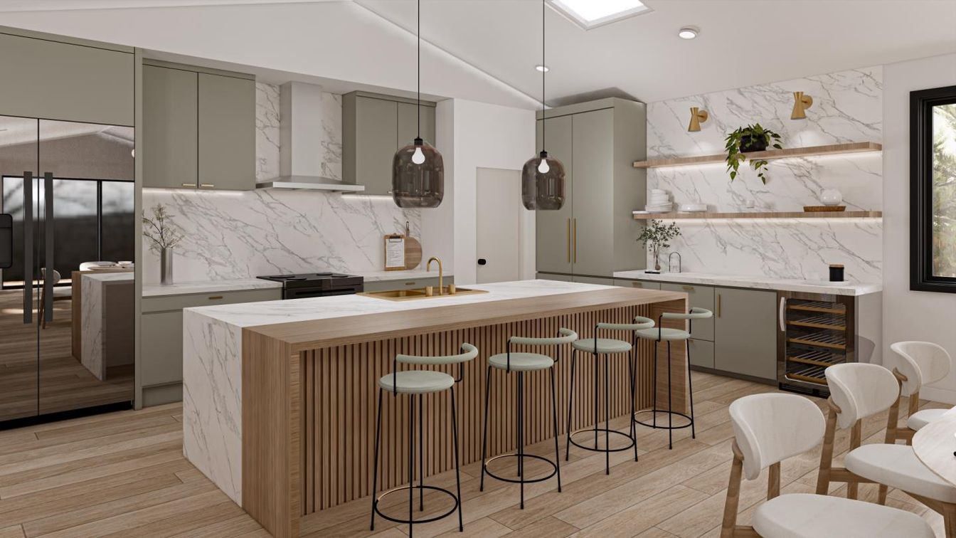 Interior, Kitchen, Marble Walls, Pendant Lights, Recessed Lighting, Wood Texture Flooring