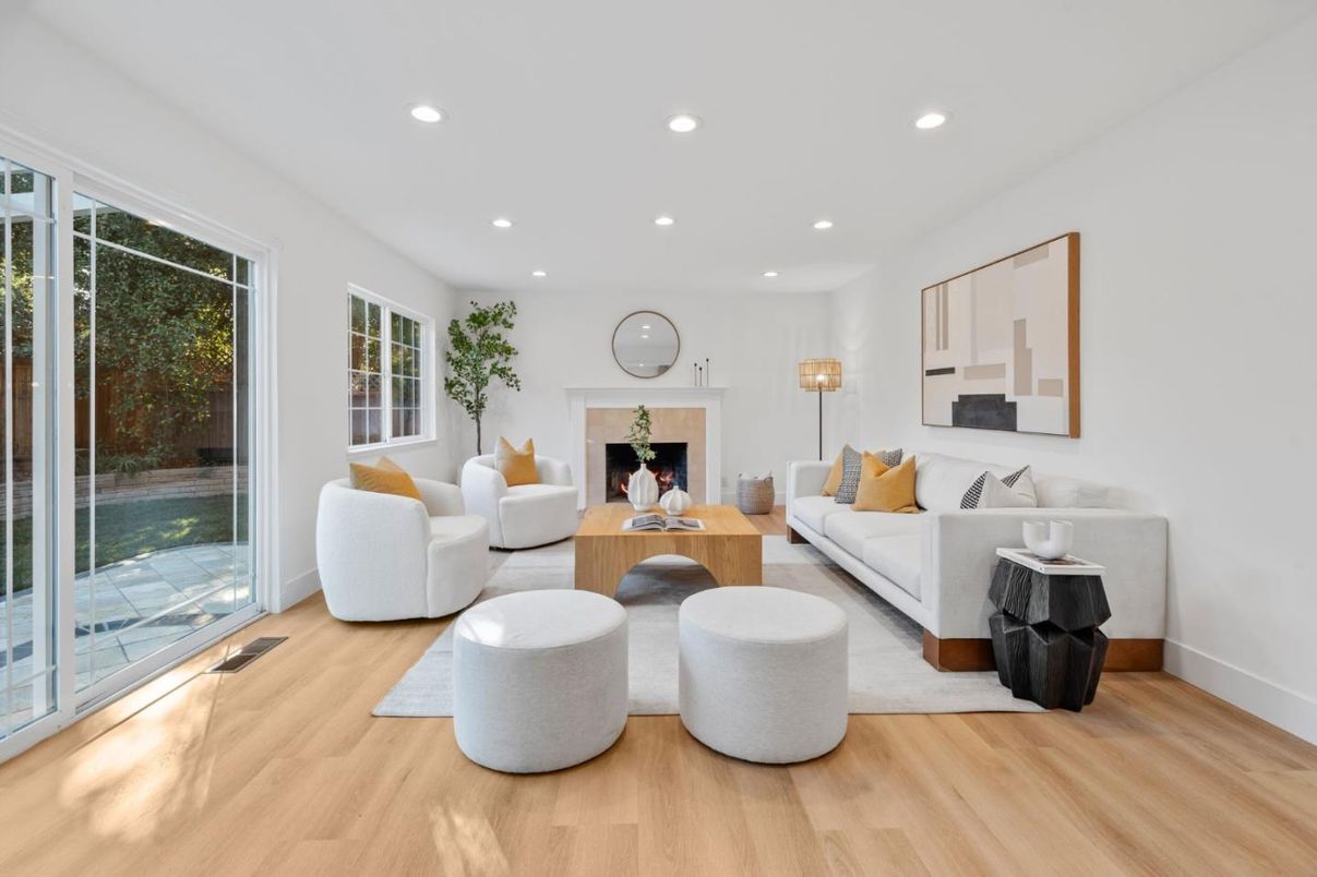 Fireplace, Interior, Living room, Recessed Lighting, Wood Texture Flooring