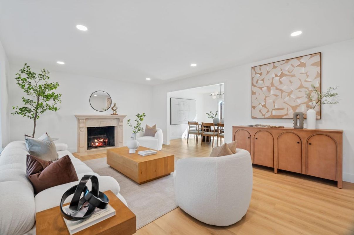 Dining room, Fireplace, Interior, Living room, Recessed Lighting, Wood Texture Flooring