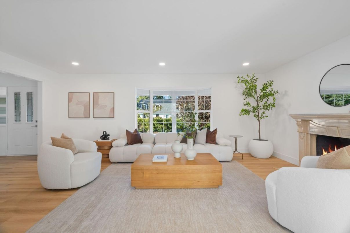 Fireplace, Interior, Living room, Recessed Lighting, Wood Texture Flooring