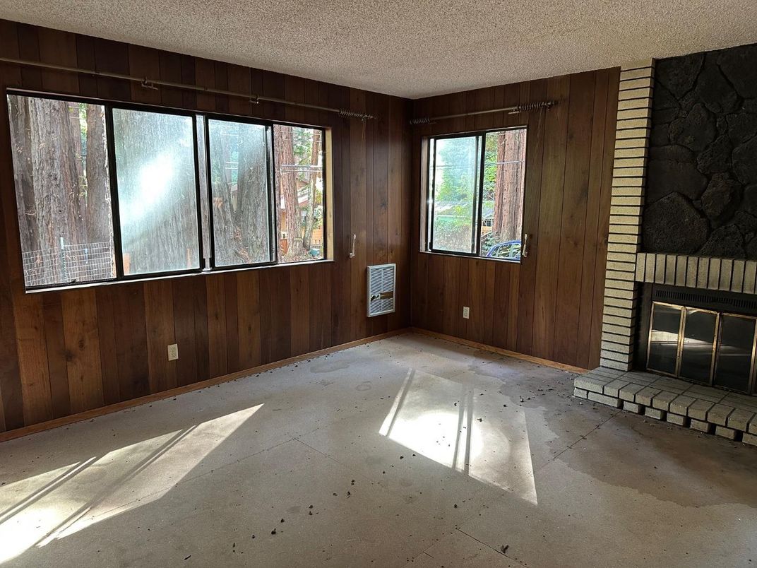 Empty room, Fireplace, Interior, Stone Walls, Wooden Walls