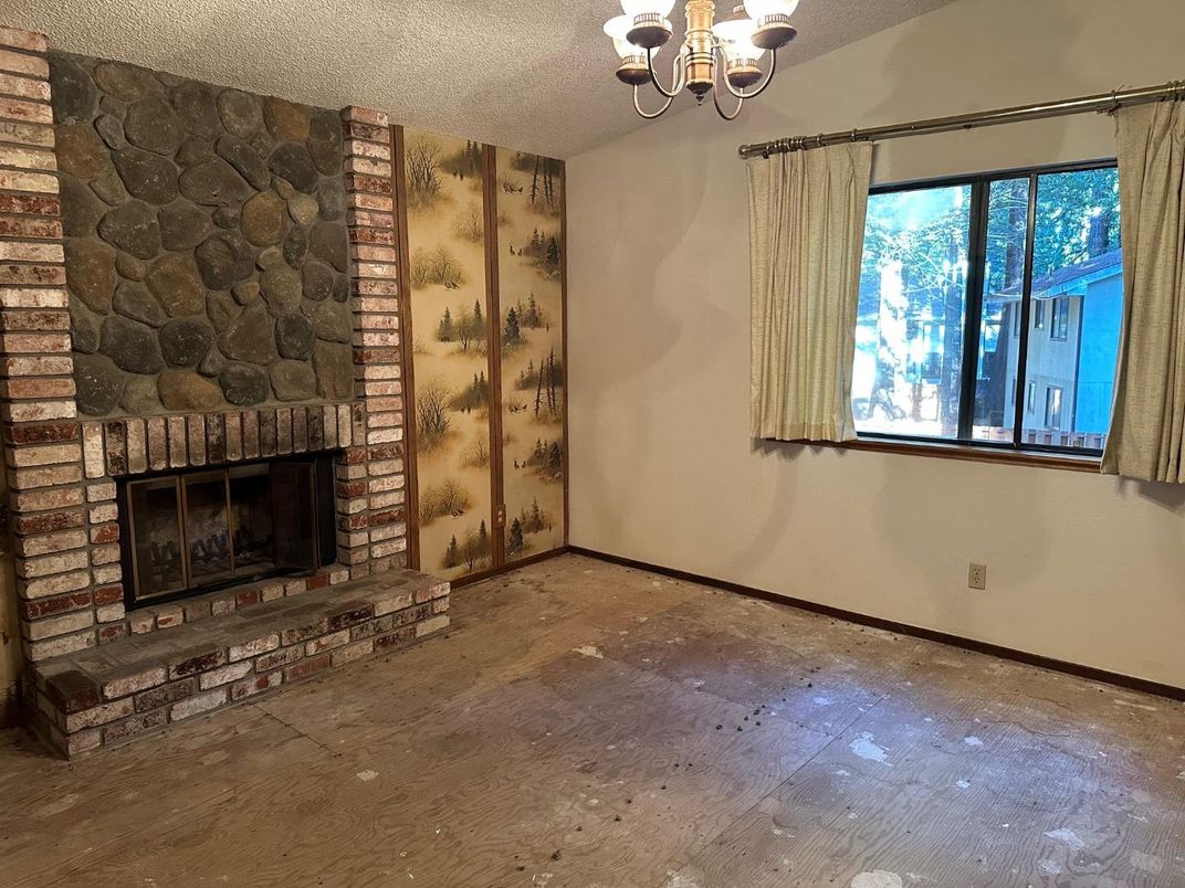 Chandelier, Empty room, Fireplace, Interior, Stone Walls