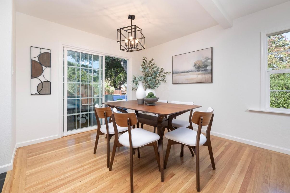 Dining room, Interior, Pendant Lights, Wood Texture Flooring