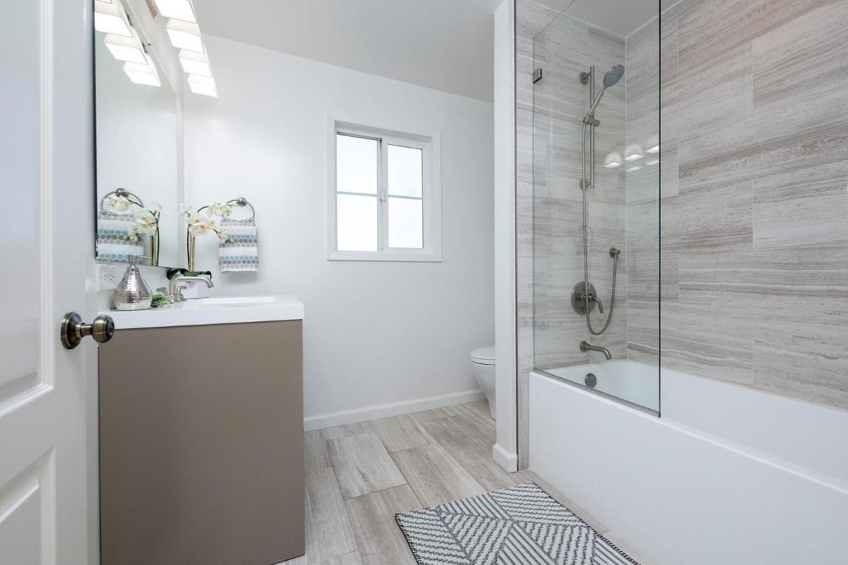 Bathroom, Glass Shower, Interior, Wood Texture Flooring