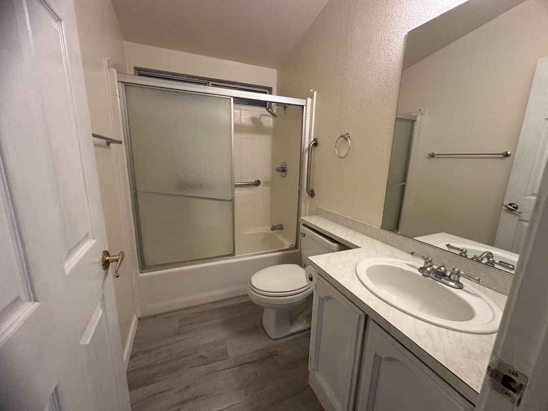 Bathroom, Glass Shower, Interior, Wood Texture Flooring