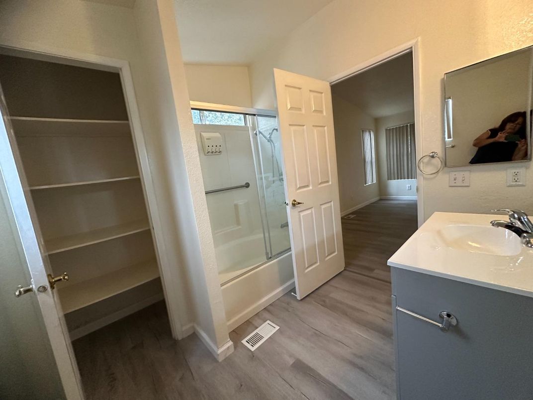 Bathroom, Glass Shower, Interior, Wood Texture Flooring