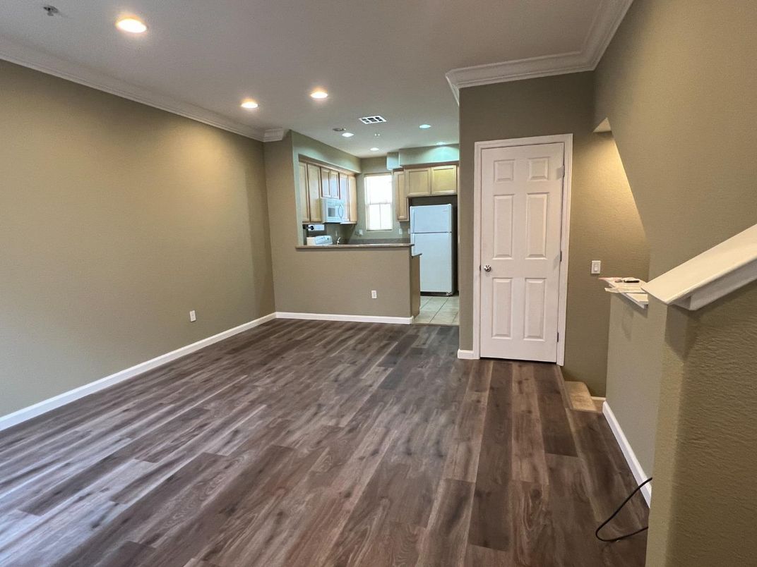 Empty room, Interior, Kitchen, Recessed Lighting, Wood Texture Flooring