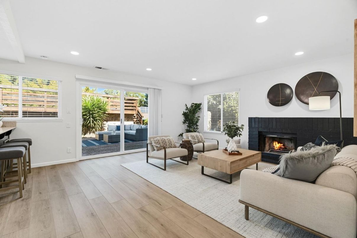 Fireplace, Interior, Living room, Recessed Lighting, Wood Texture Flooring