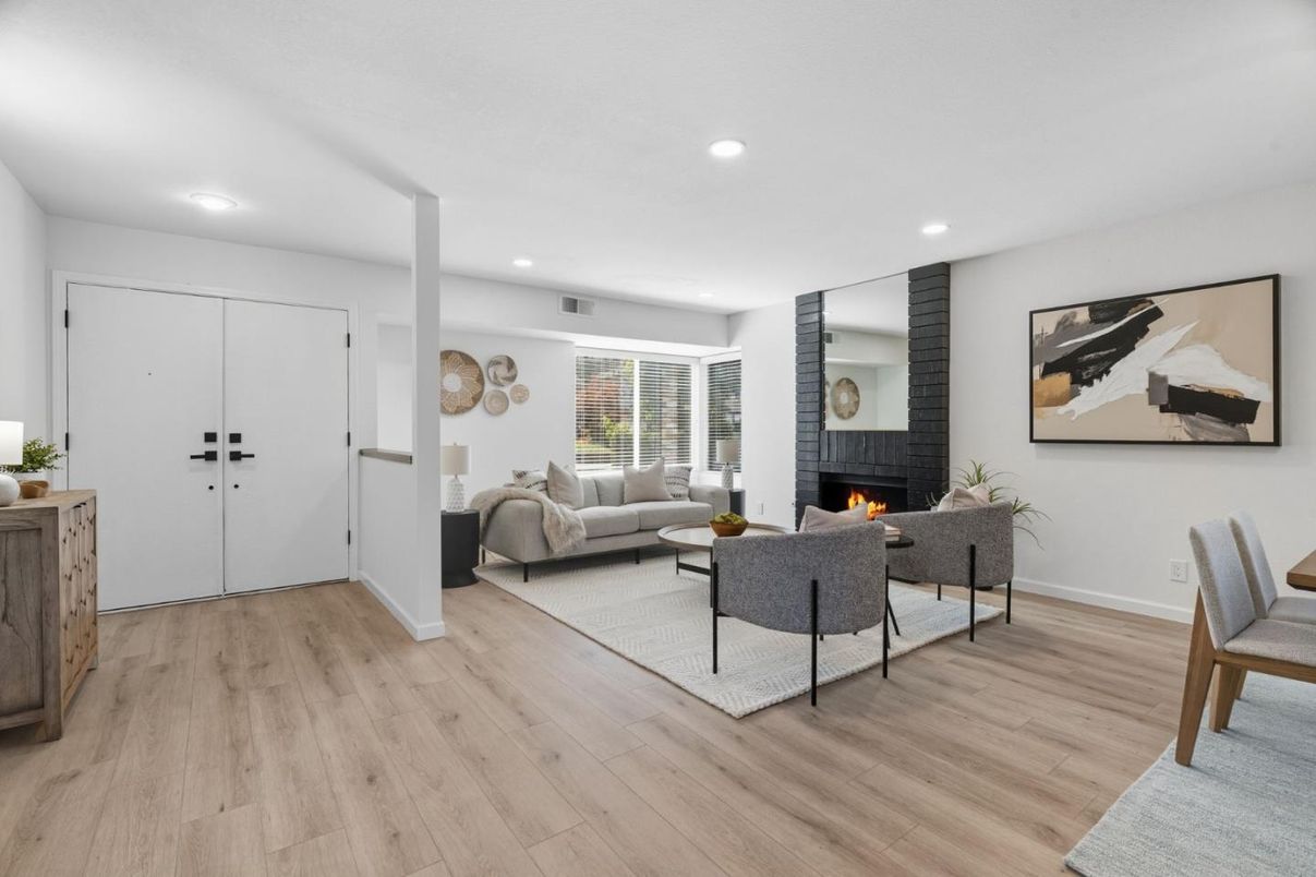 Fireplace, Interior, Living room, Recessed Lighting, Wood Texture Flooring