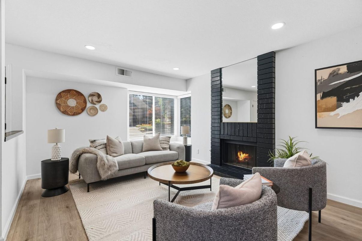 Fireplace, Interior, Living room, Recessed Lighting, Wood Texture Flooring