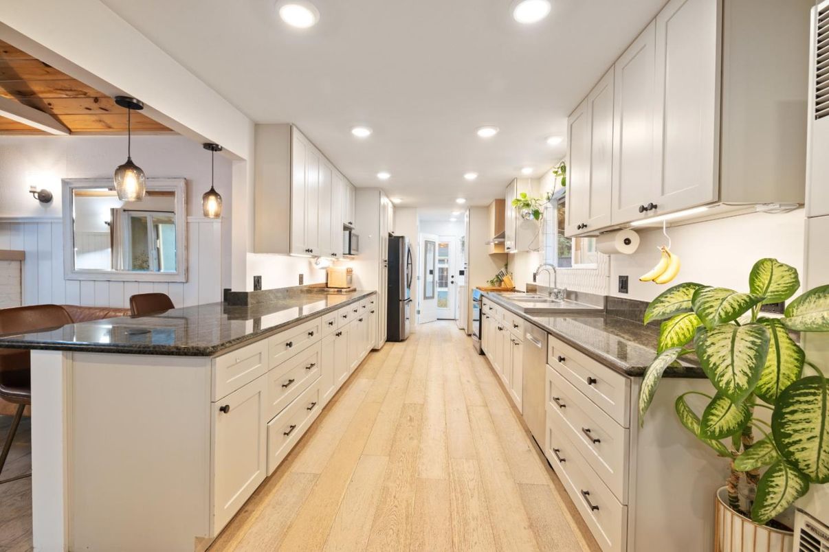 Interior, Kitchen, Pendant Lights, Recessed Lighting, Wooden Ceilings, Wood Texture Flooring