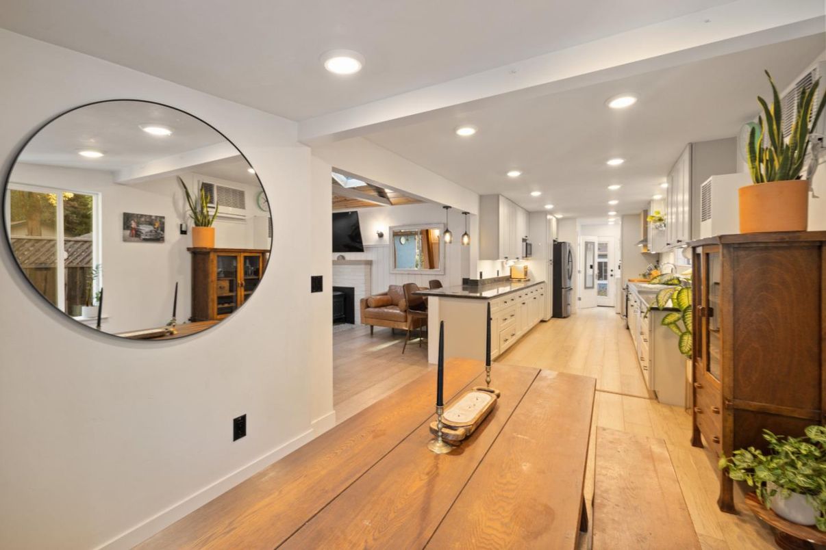 Dining room, Fireplace, Interior, Kitchen, Pendant Lights, Recessed Lighting, Wood Texture Flooring
