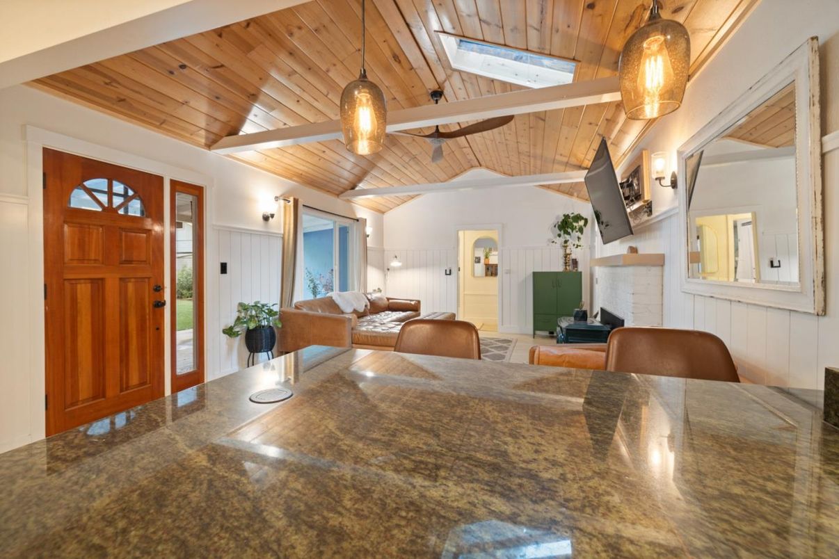 Fireplace, Interior, Living room, Pendant Lights, Wooden Ceilings