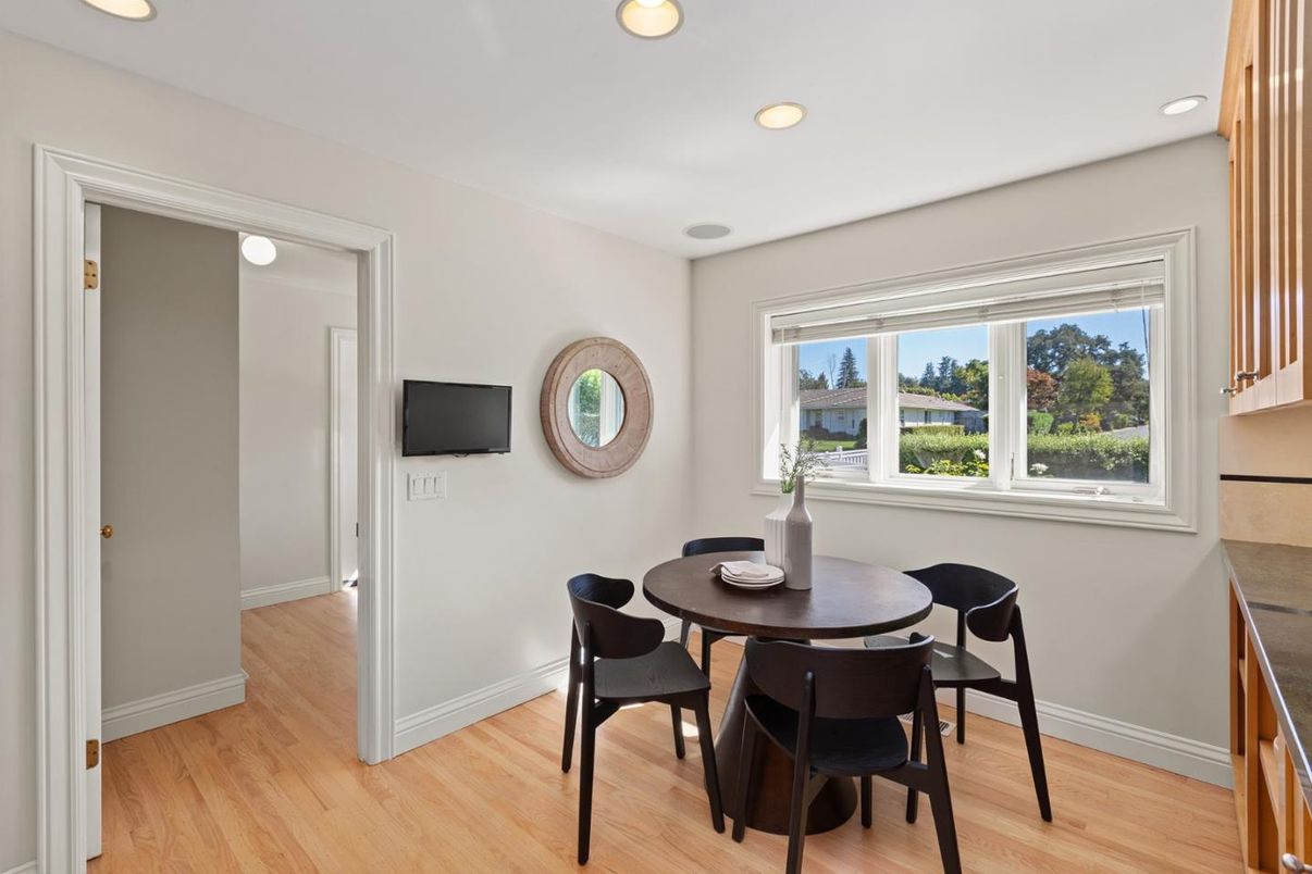 Dining room, Interior, Recessed Lighting, Wood Texture Flooring