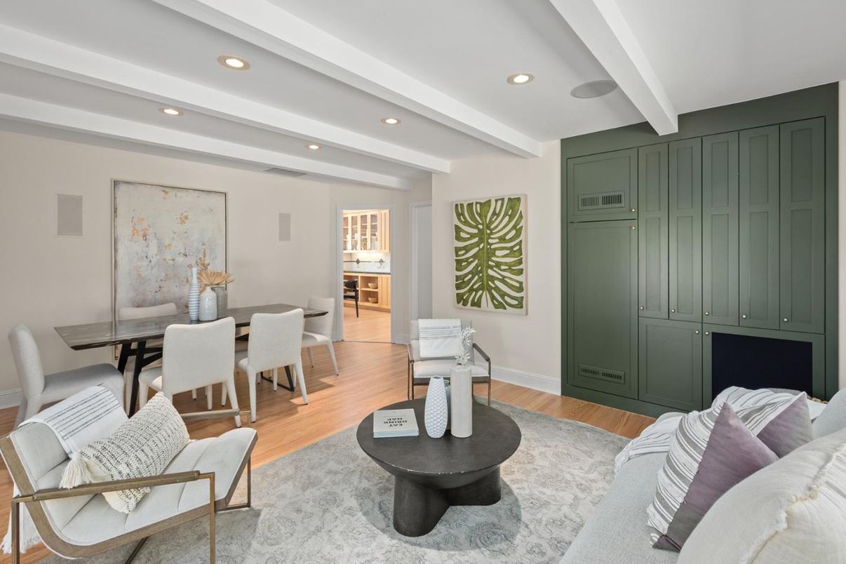 Dining room, Interior, Living room, Recessed Lighting, Wood Texture Flooring