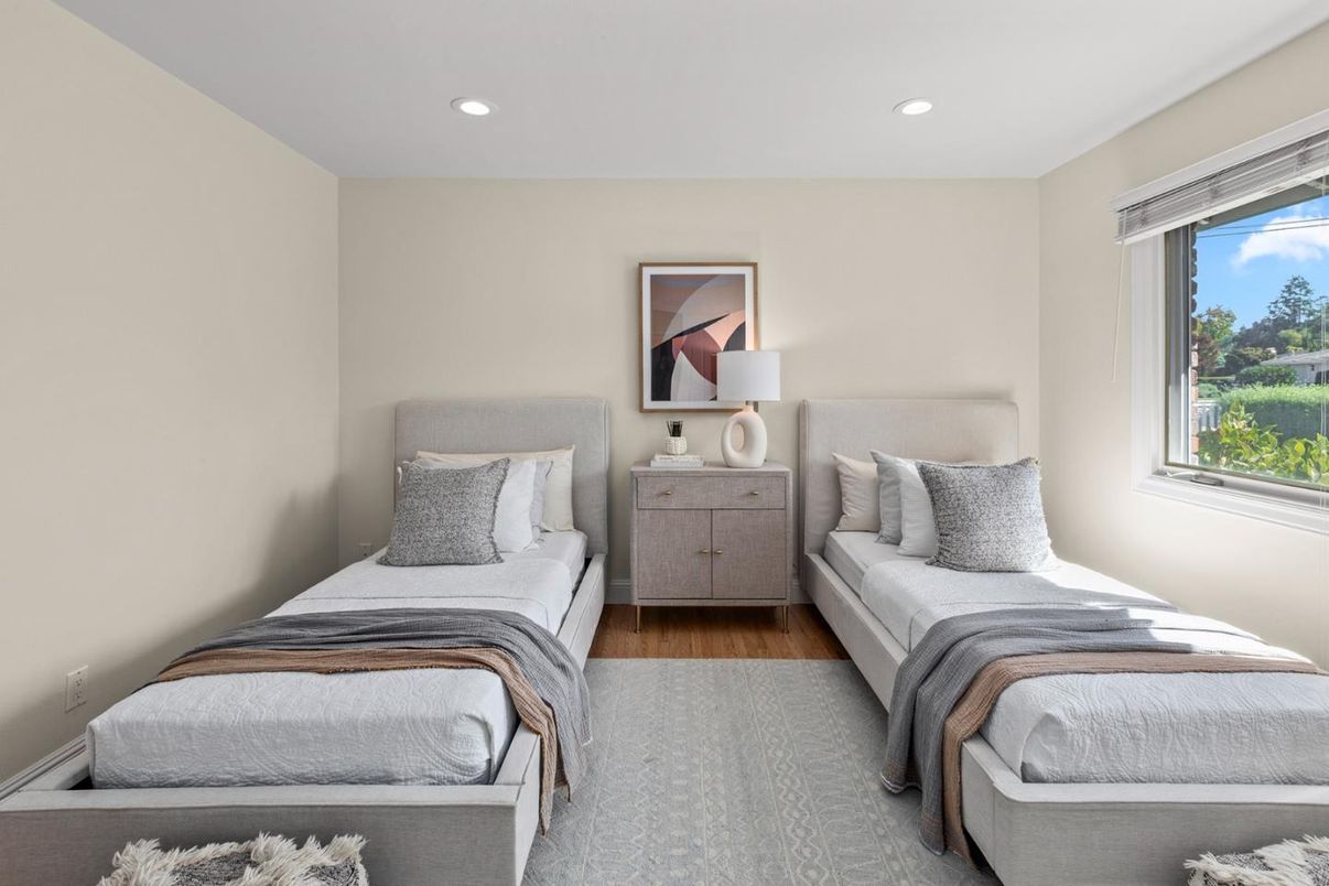 Bedroom, Interior, Recessed Lighting, Wood Texture Flooring