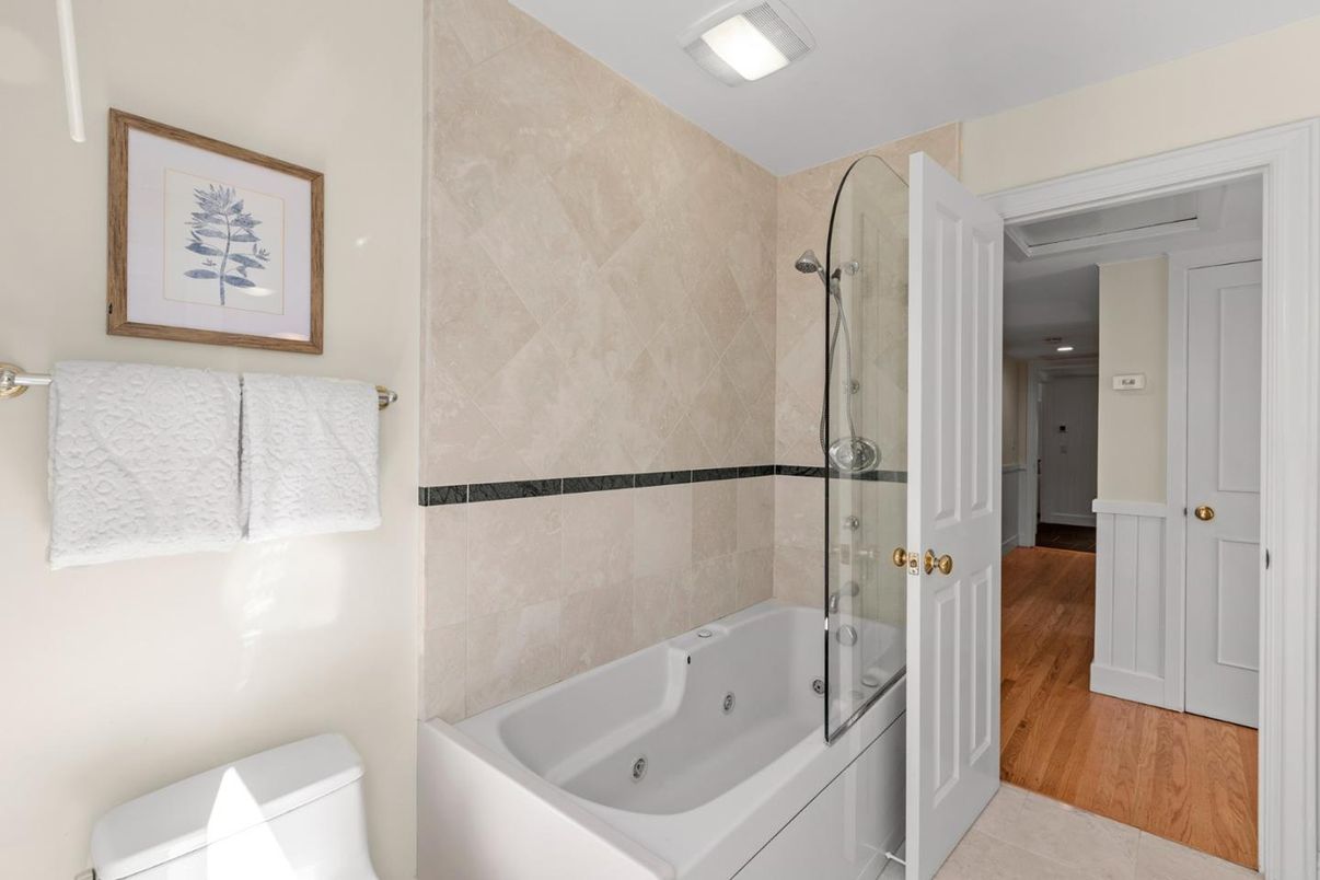 Bathroom, Glass Shower, Interior, Wood Texture Flooring