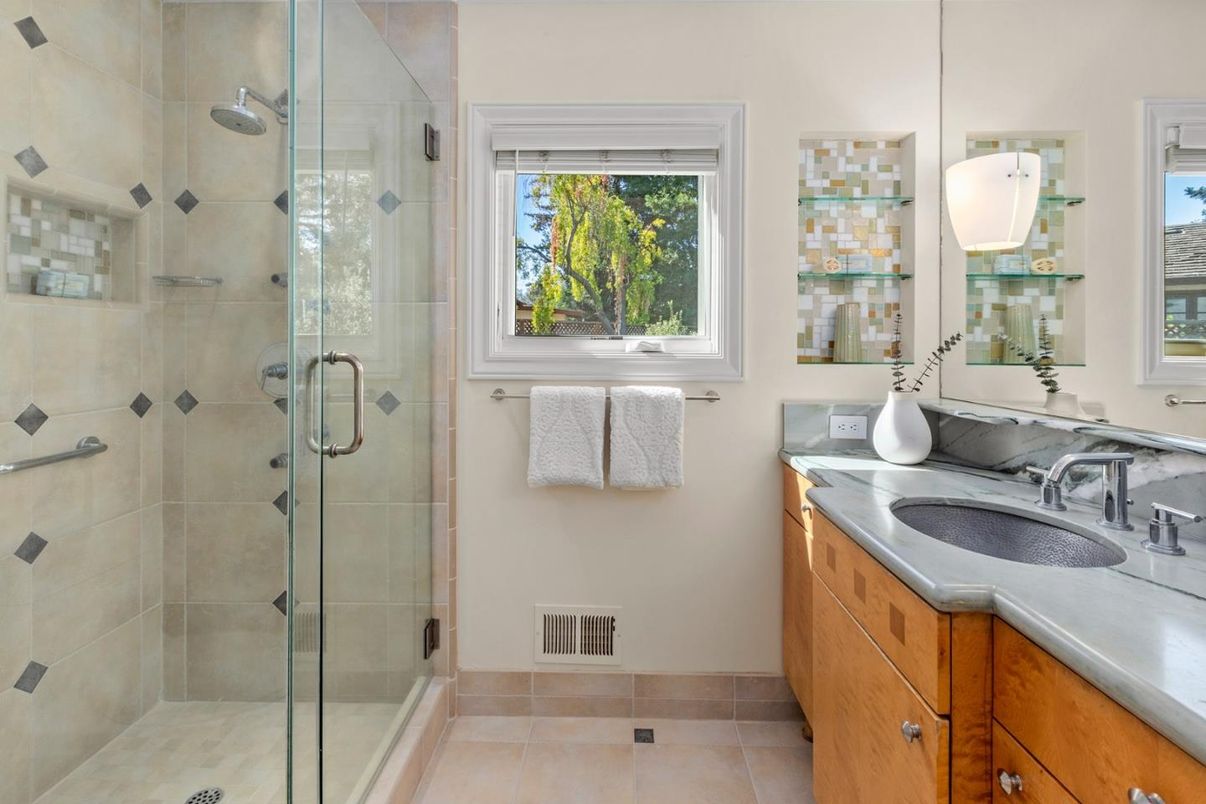 Bathroom, Glass Shower, Interior, Pendant Lights