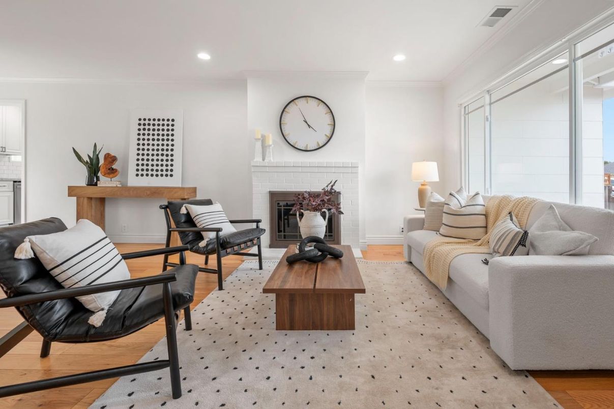 Fireplace, Interior, Living room, Recessed Lighting, Wood Texture Flooring