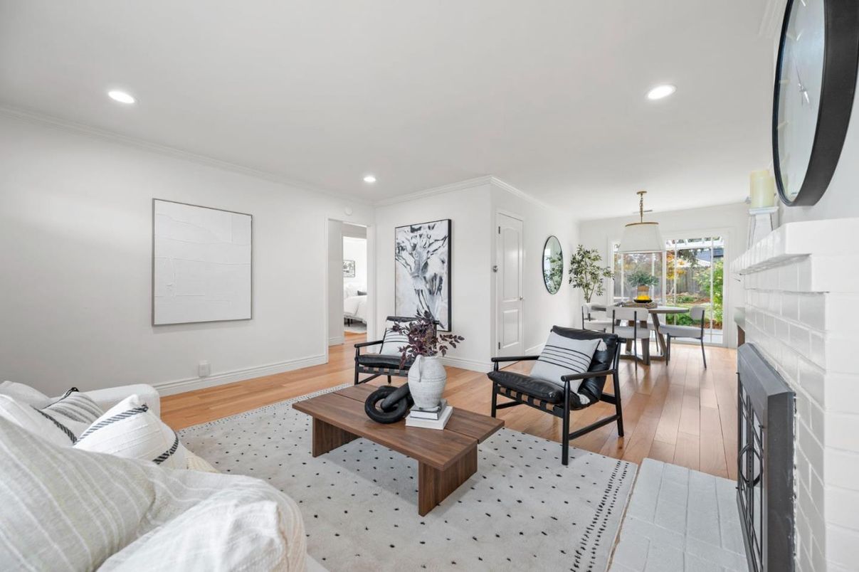 Dining room, Fireplace, Interior, Living room, Recessed Lighting, Wood Texture Flooring