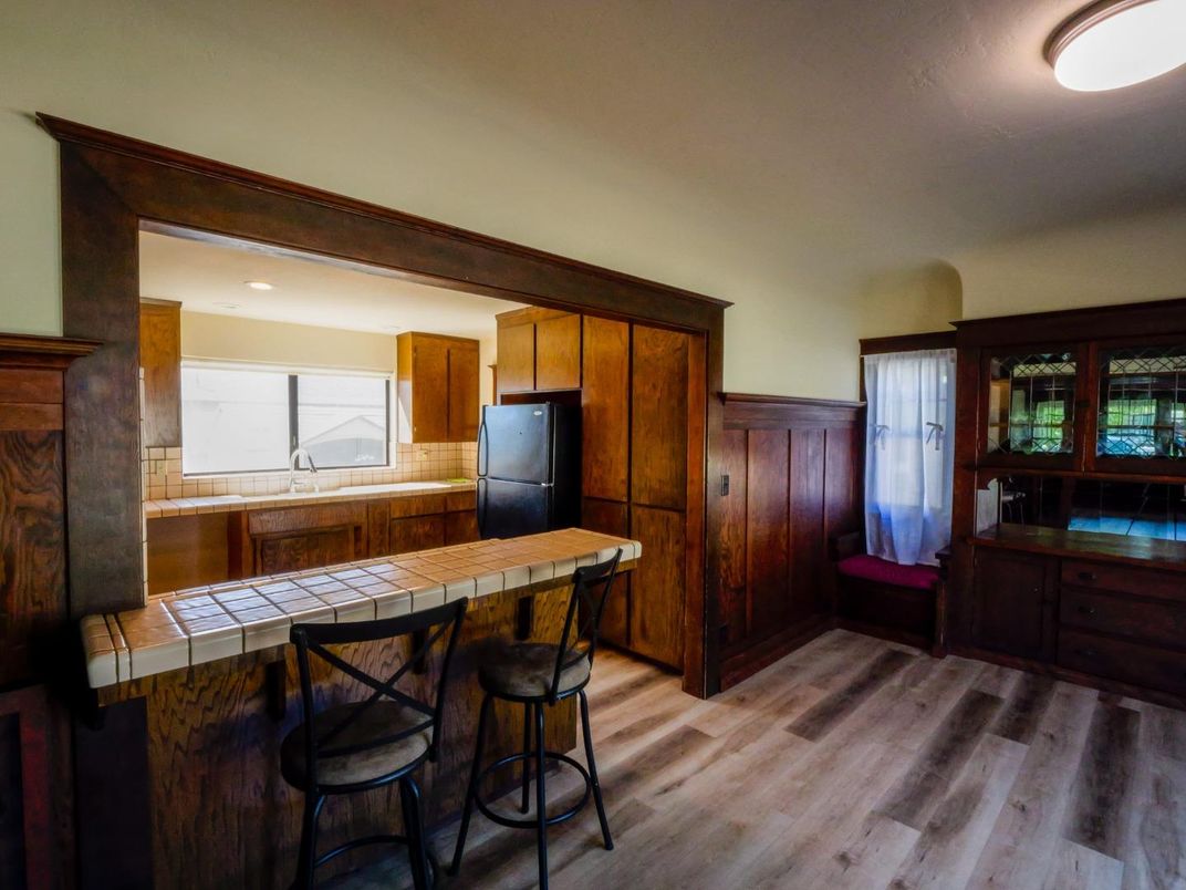 Interior, Kitchen, Recessed Lighting, Tile Countertops, Wood Texture Flooring