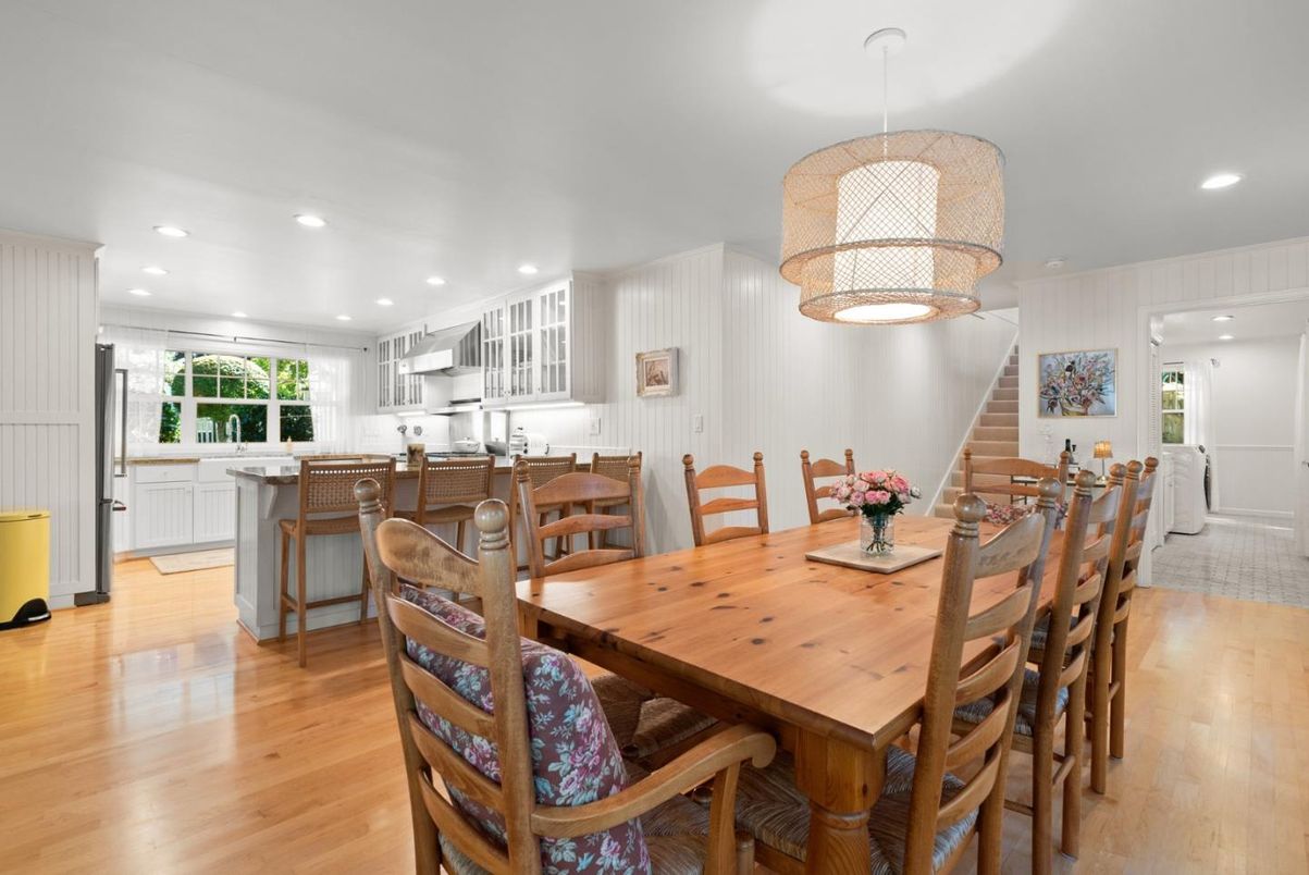 Dining room, Interior, Kitchen, Pendant Lights, Recessed Lighting, Wood Texture Flooring