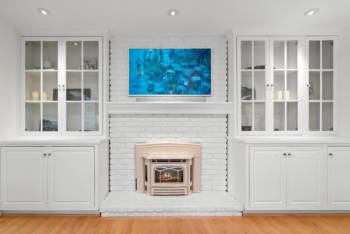 Fireplace, Interior, Recessed Lighting, Stone Walls, Wood Texture Flooring