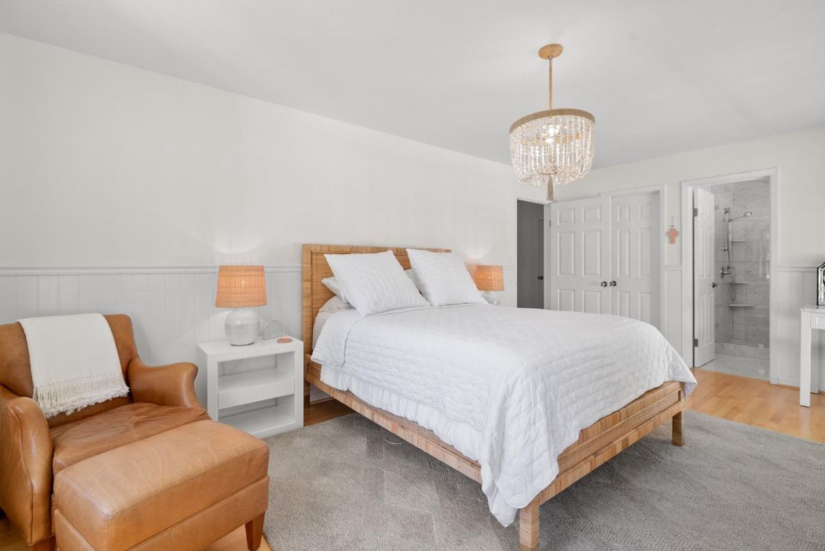 Bedroom, Chandelier, Interior, Wood Texture Flooring