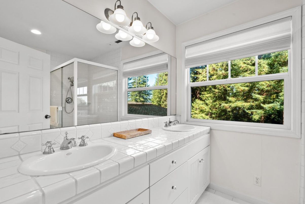 Bathroom, Dual Sink Vanities, Glass Shower, Interior, Recessed Lighting, Tile Countertops